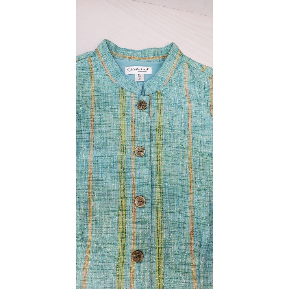 Coldwater Creek Womens PL Petite Blue Green Striped Mandarin Collar Blazer Lagen